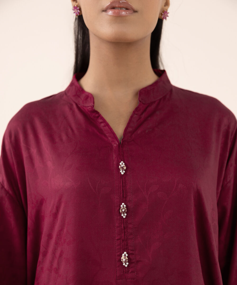 Women's RTW  Arabic Self Jacquard Leno  Pink Dyed Drop Shoulder Shirt