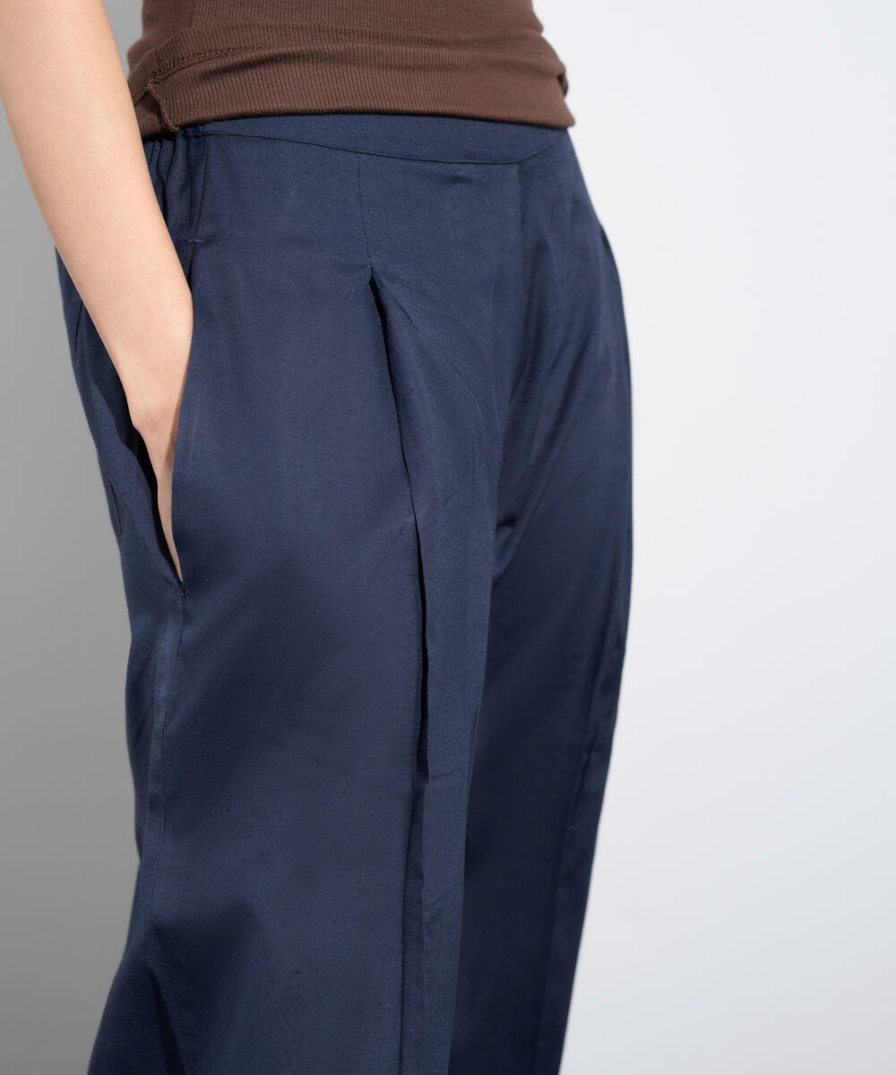 Women's Western Navy Pleated Barrel Linen Blend Trousers