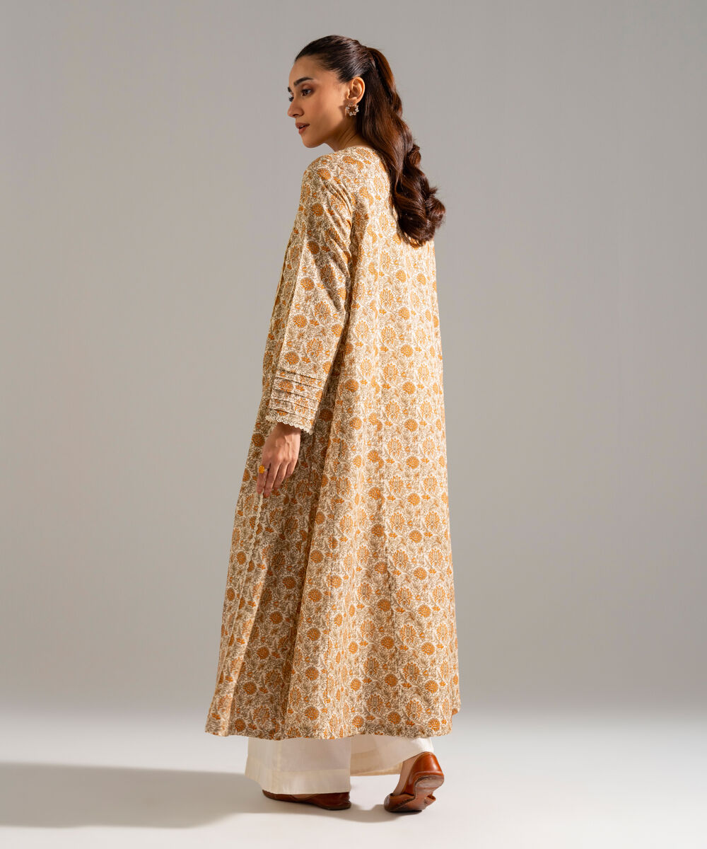 Women's RTW Slub Lawn Printed Beige A-Line Shirt