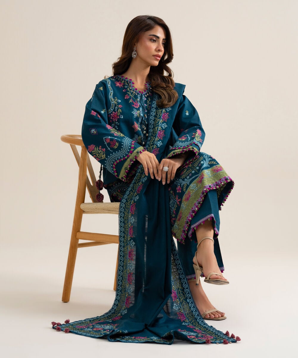 Womens Unstitched Basic Khaddar Embroidered Blue 3 Piece Suit