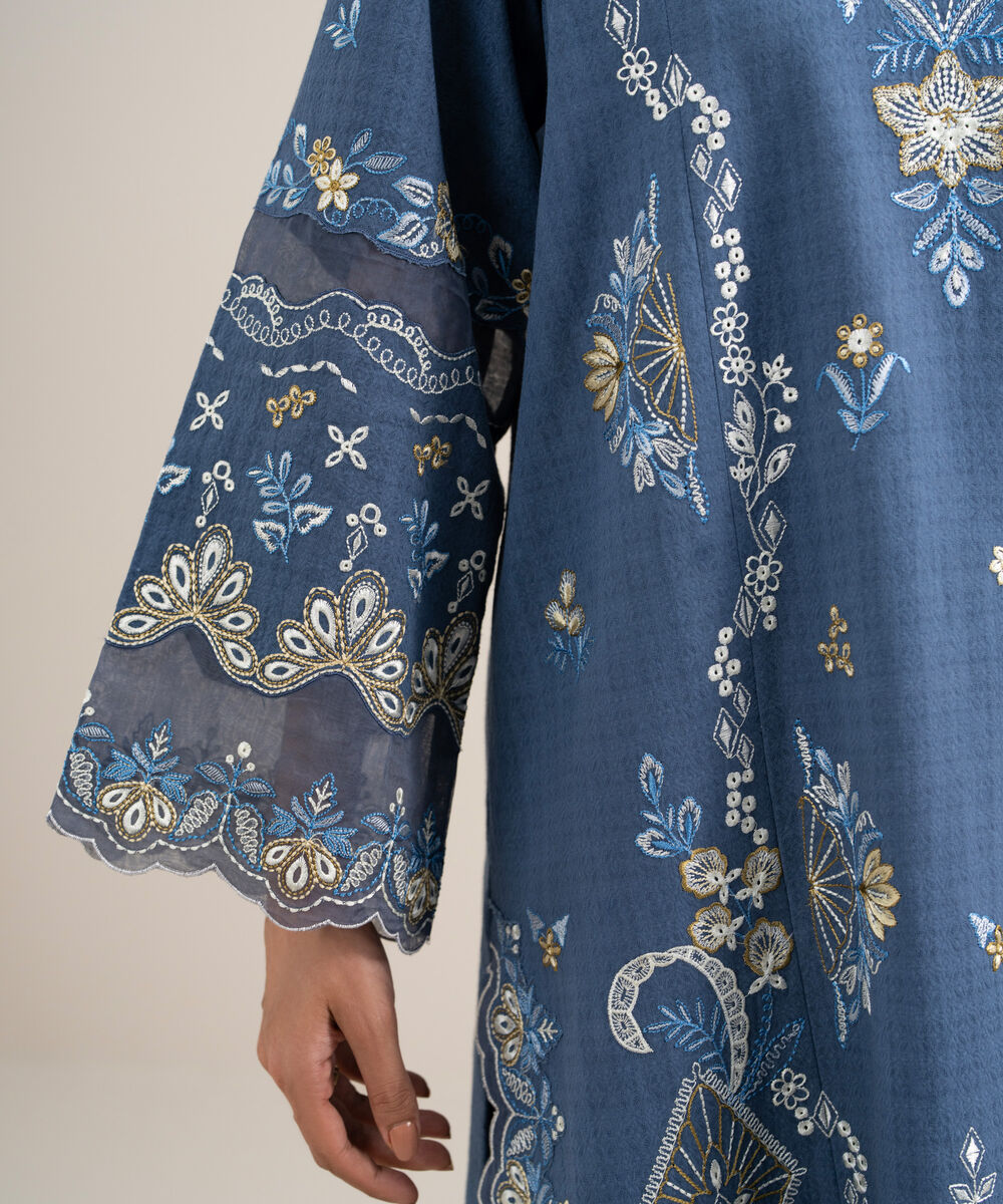 Women's Unstitched Dobby Embroidered Blue  3 Piece Suit