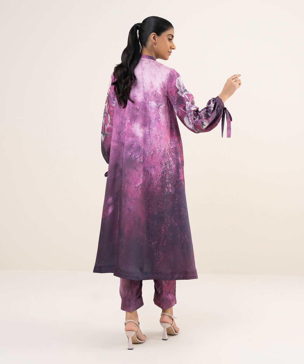 Women's RTW Blended Satin Purple Printed 2 Piece Suit