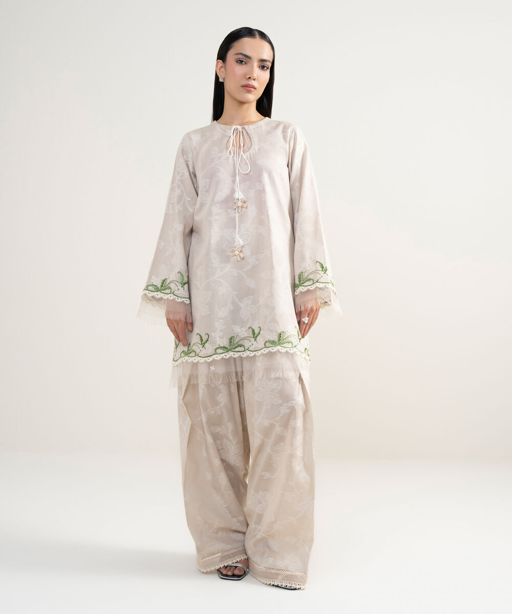 Women's RTW Extra Weft Jacquard Embroidered Beige 2 Piece Suit