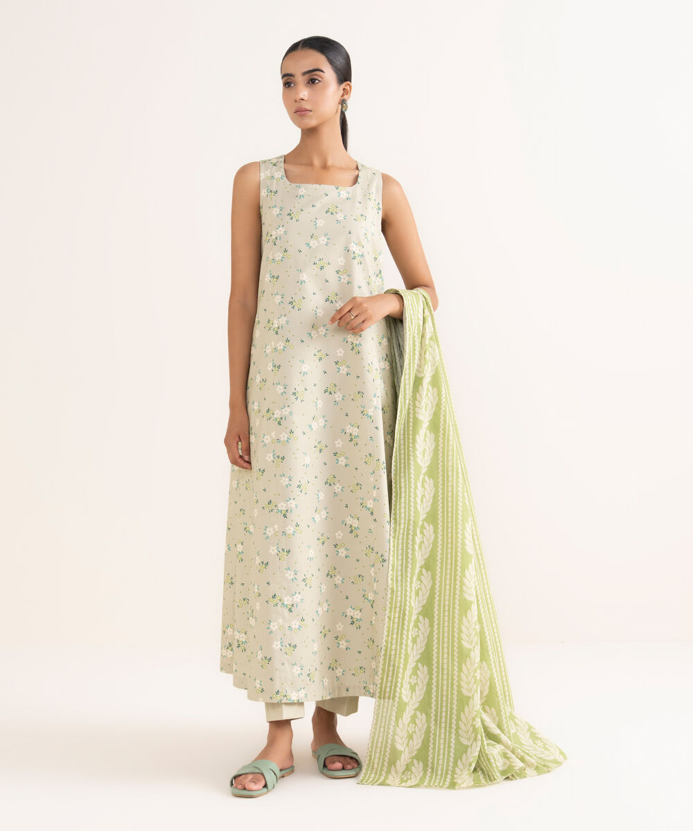 Women's Unstitched Cotton Printed Beige 3 Piece Suit