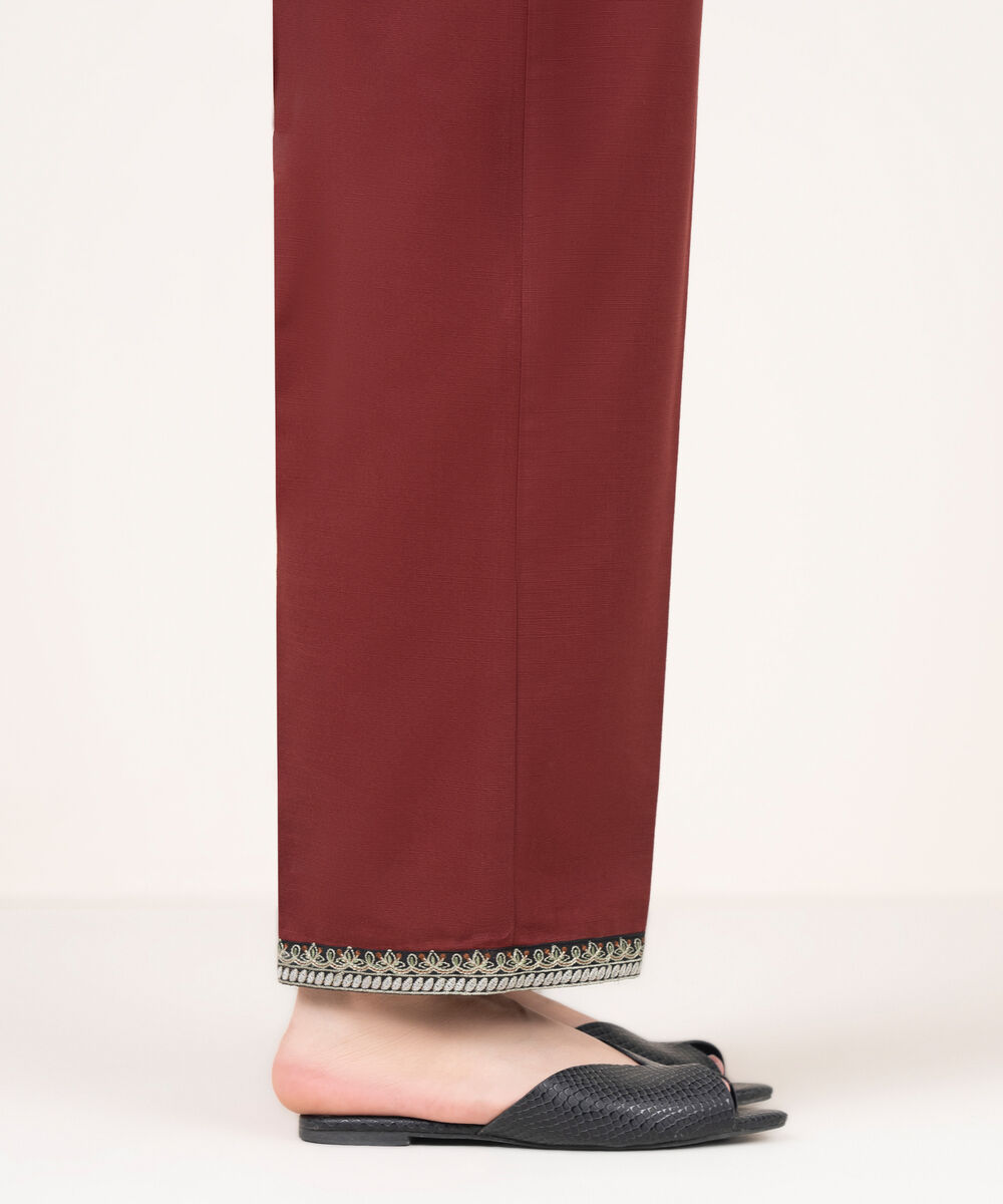 Women's RTW Khaddar Embroidered Brown Straight Pants