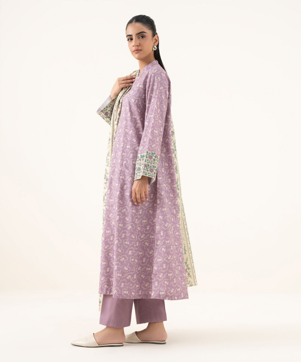 Women's Unstitched Cotton Printed Purple Three Piece Suit