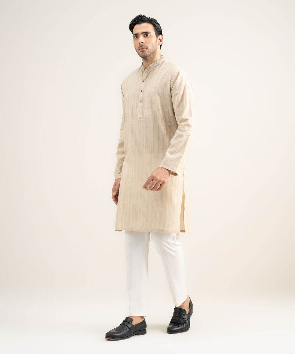 Men's Stitched Leno Jacquard Beige Kurta