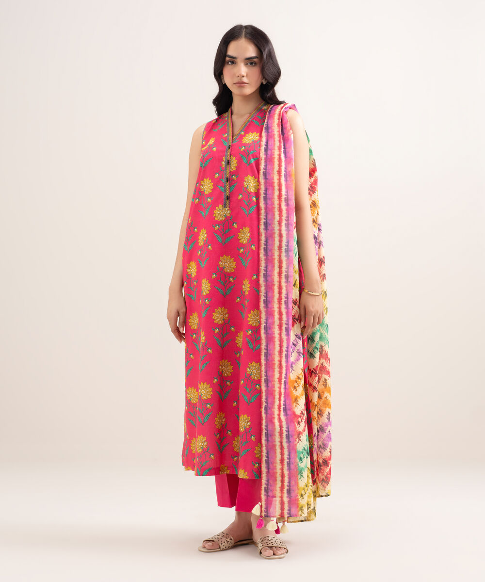 Women's Unstitched Lawn Printed Pink 3 Piece Suit