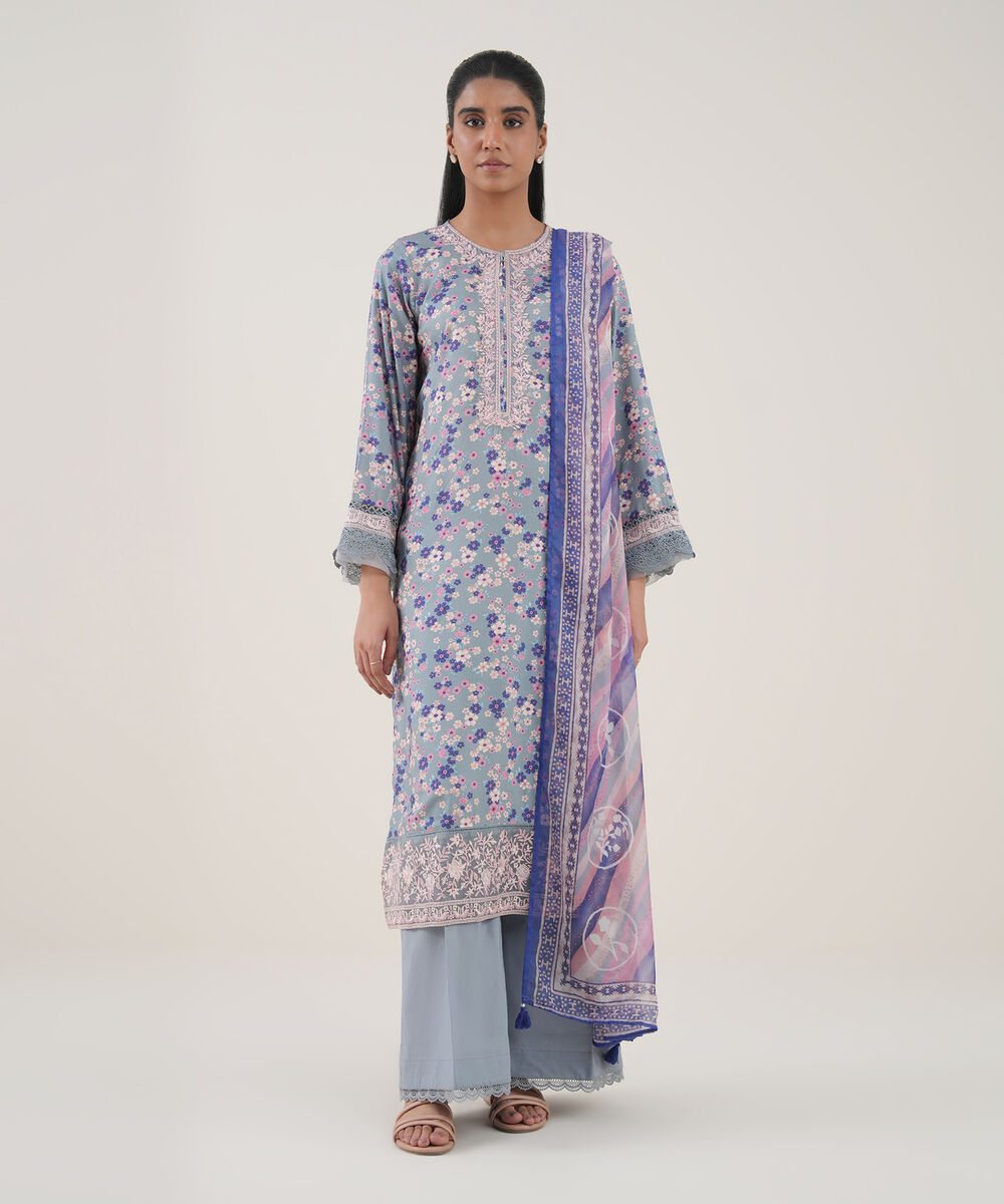 Women's RTW Arabic Lawn Grey Embroidered Straight Shirt