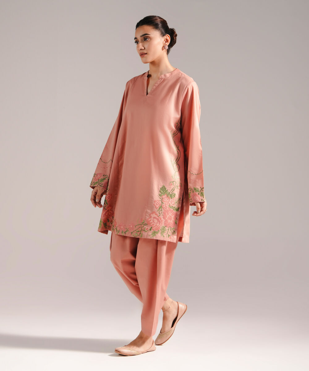 Women's RTW Slub Lawn Embroidered Straight Peach Shirt