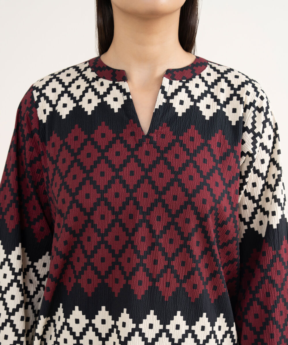 Women's RTW Seersucker Black Printed Drop Shoulder Shirt