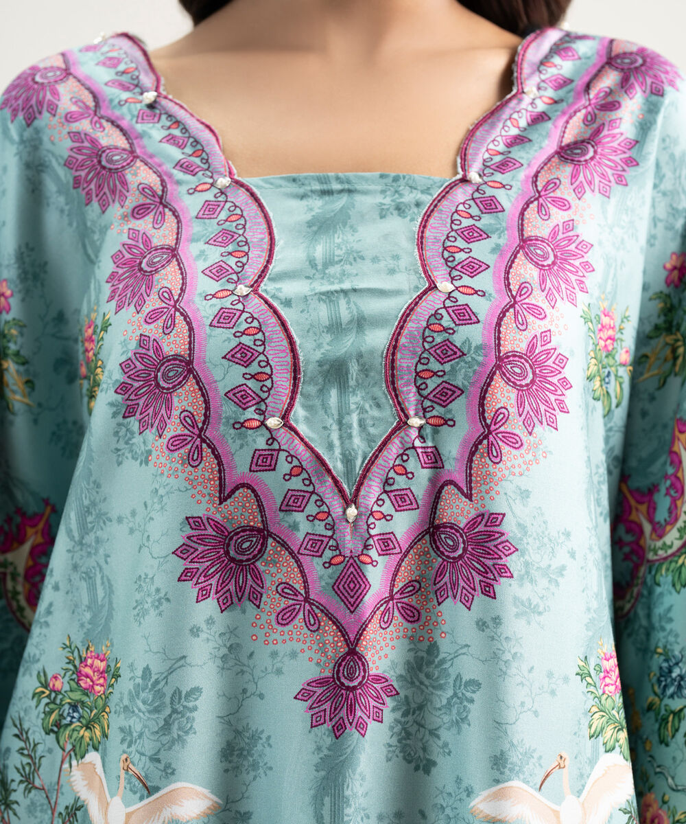 Women's RTW Premium Visocose Satin Printed Blue Drop Shoulder Shirt