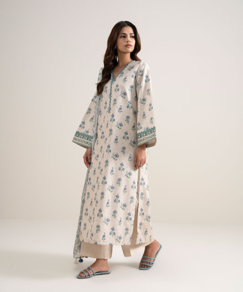 Women's Unstitched Lawn Printed Light Beige 3 Piece Suit