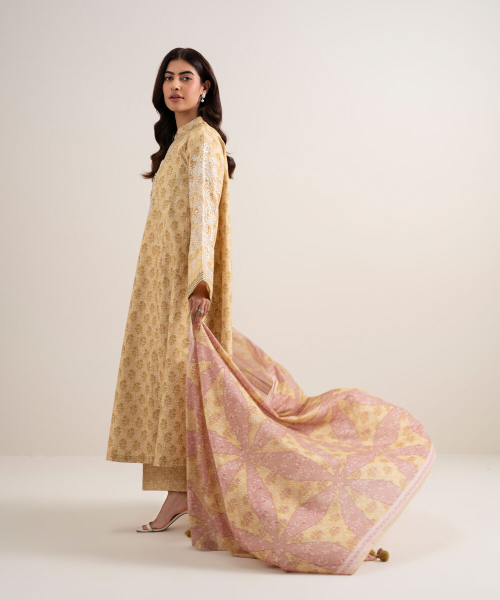 Women's Unstitched Lawn Embroidered Light Mustard 3 Piece Suit