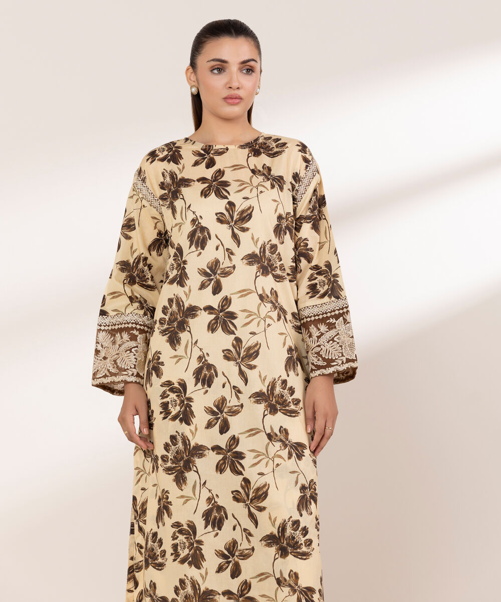 Women's RTW Lawn Beige Embroidered Boxy Shirt