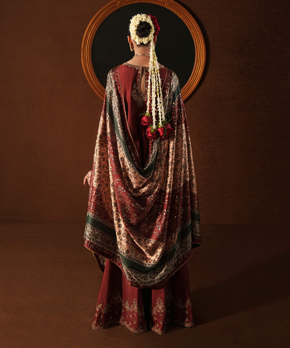 Women's Unstitched Embroidered Blended Raw Silk Red 3 Piece Suit