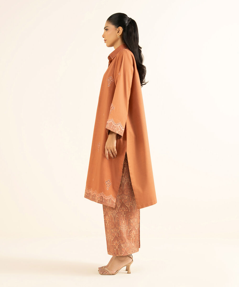 Women's Unstitched Textured Cotton Embroidered Orange 2 Piece Suit