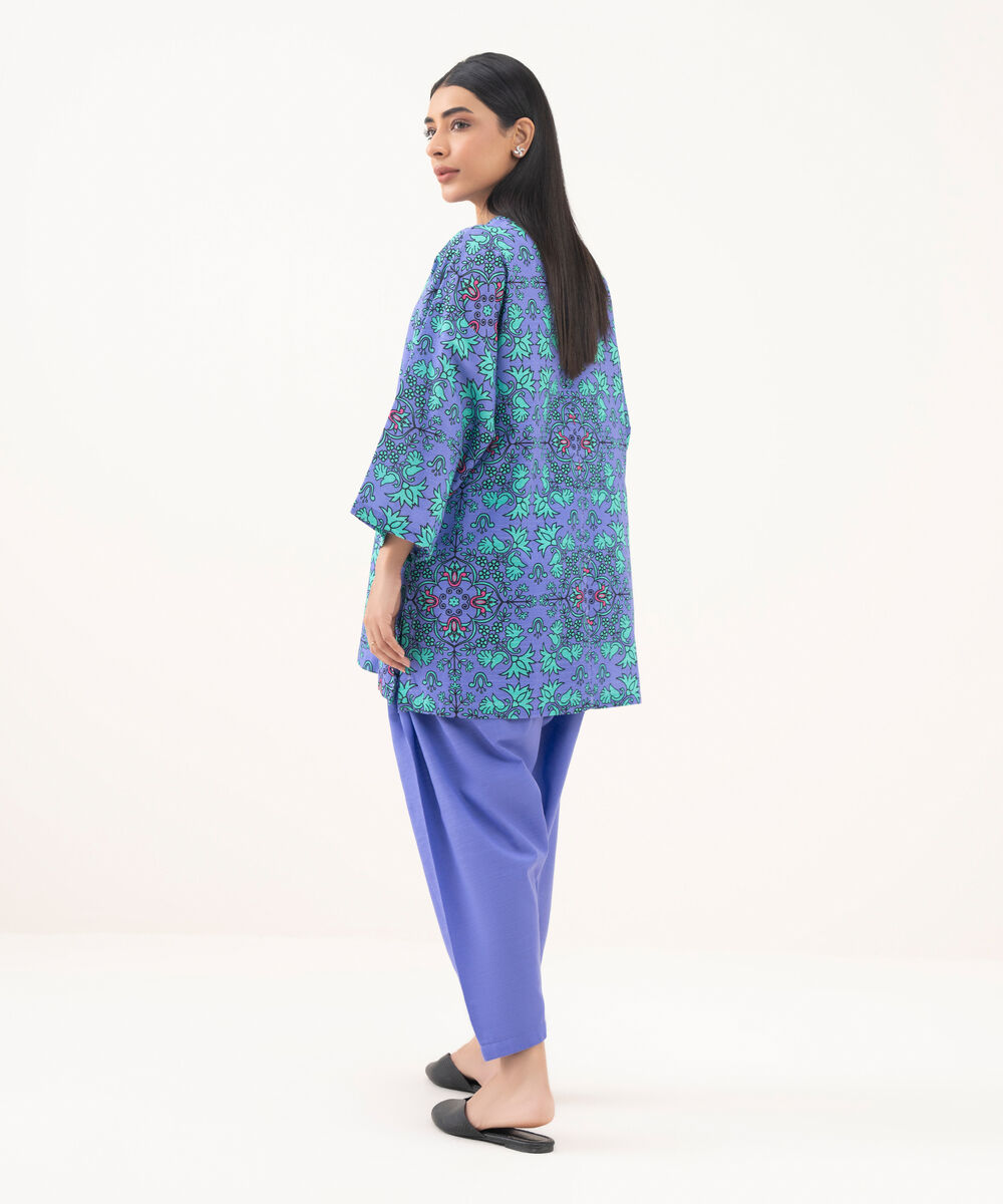 Women's RTW Light Khaddar Printed Purple Drop Shoulder Shirt
