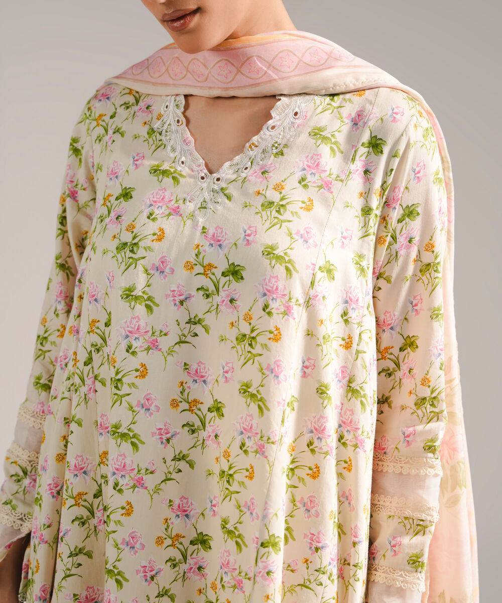 Women's RTW Cotton Satin Embroidered Pale Green 3 Piece Suit