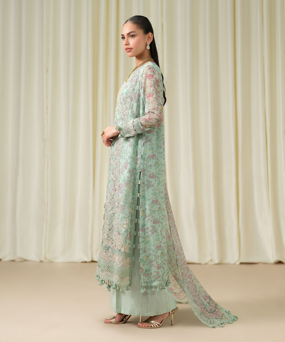 Women's Unstitched Blended Chiffon Embroidered Blue 3 Piece Suit