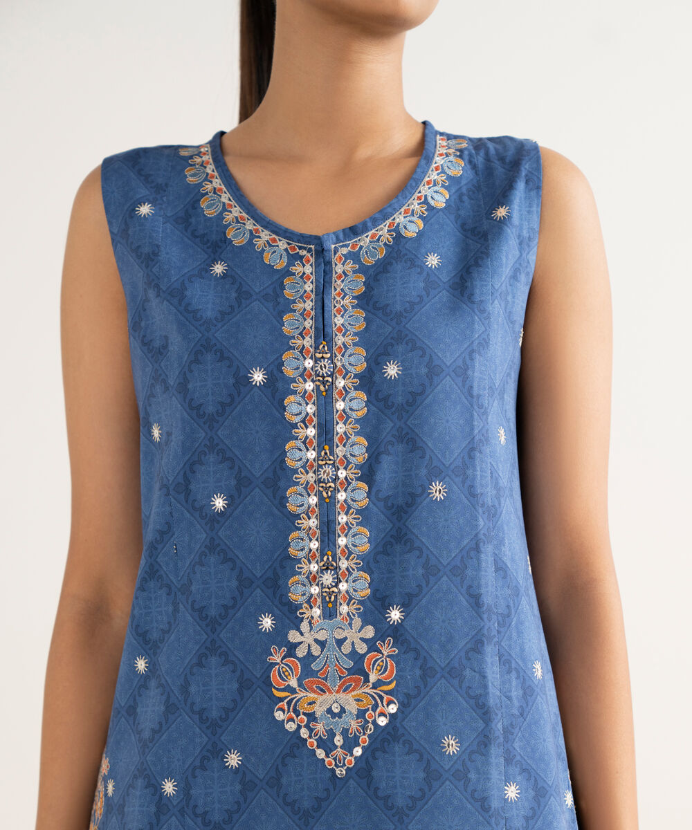 Women's Unstitched Linen Embroidered Blue 2 Piece Suit