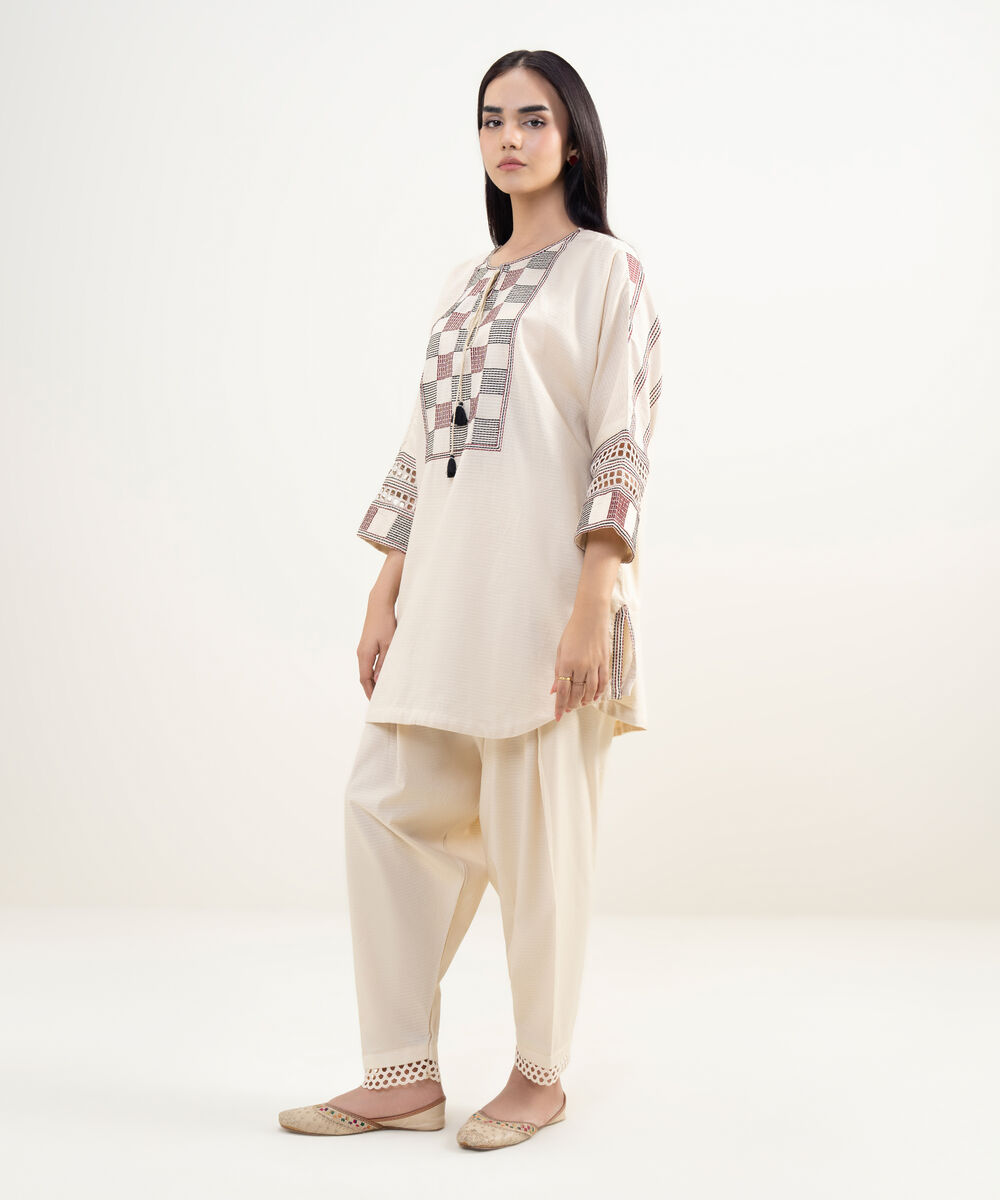 Women's RTW Dobby Embroidered Off White Drop Shoulder Shirt