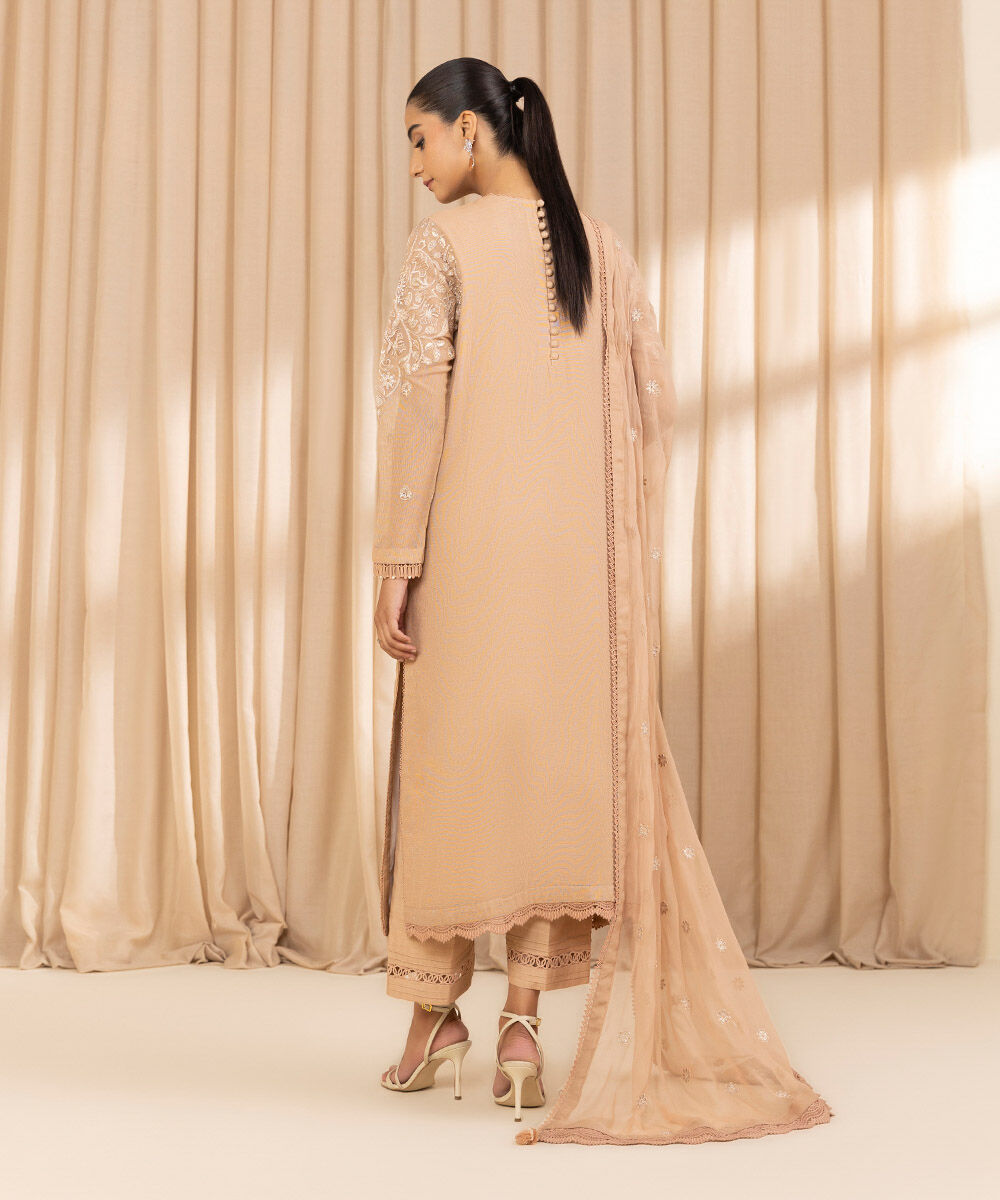 Unstitched Women's Embroidered Blended Khaddi Net Beige Three Piece Suit
