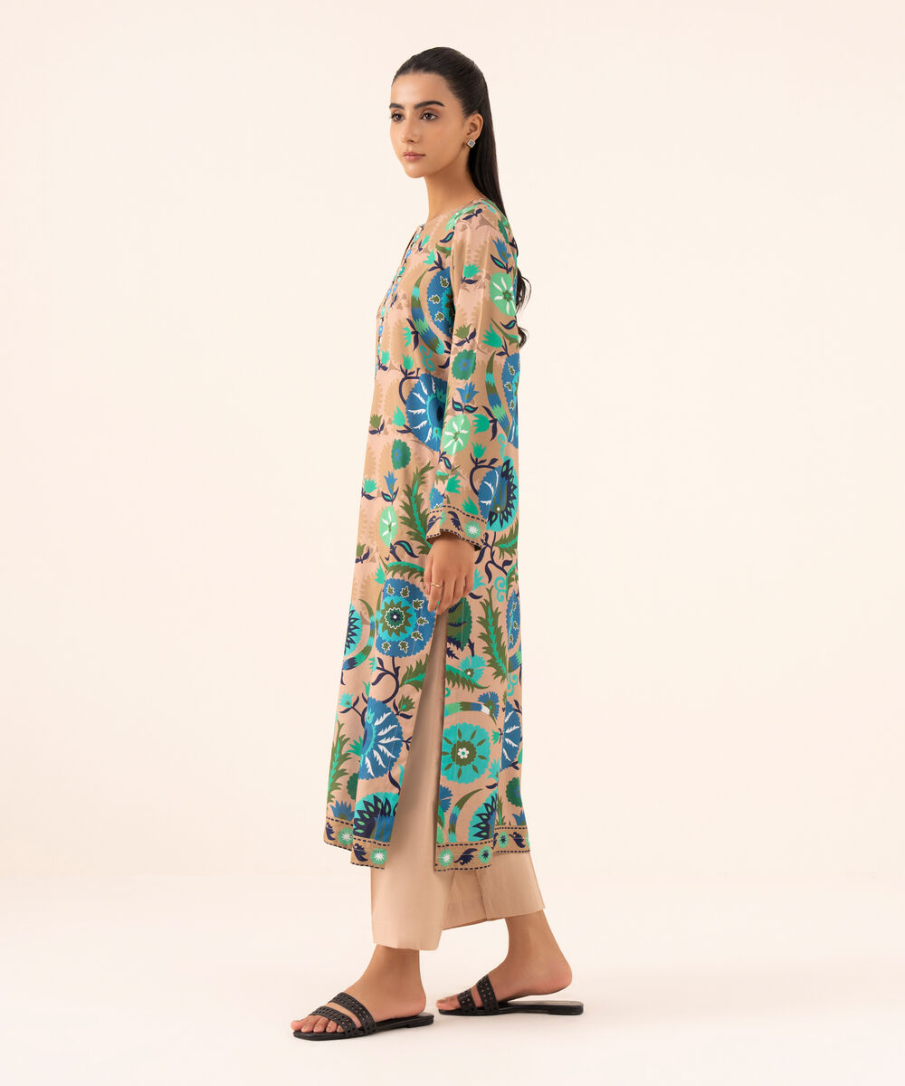 Women's RTW Arabic Lawn Peach Printed Drop Shoulder Shirt