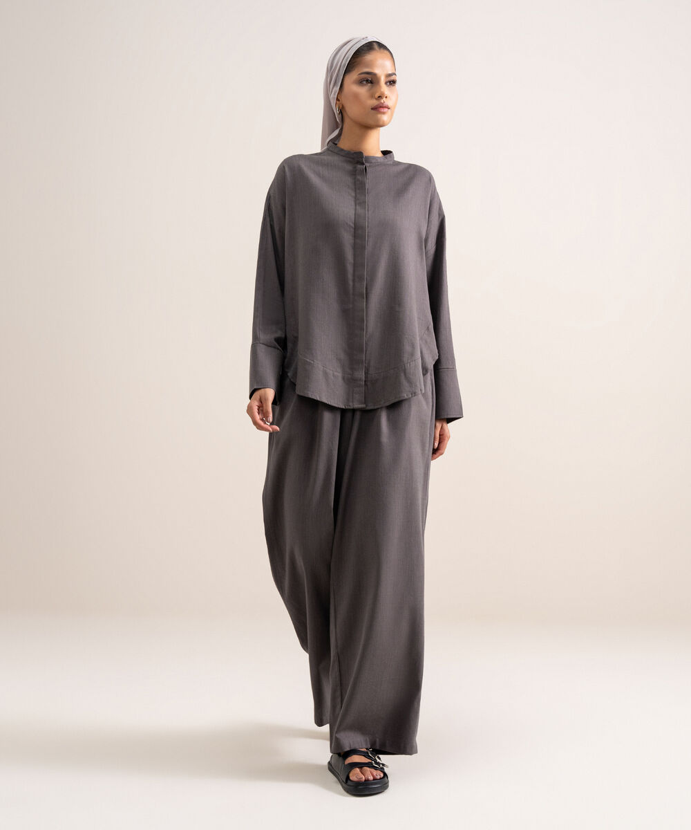 Women's Grey Loose-Fit  Pleated Pants