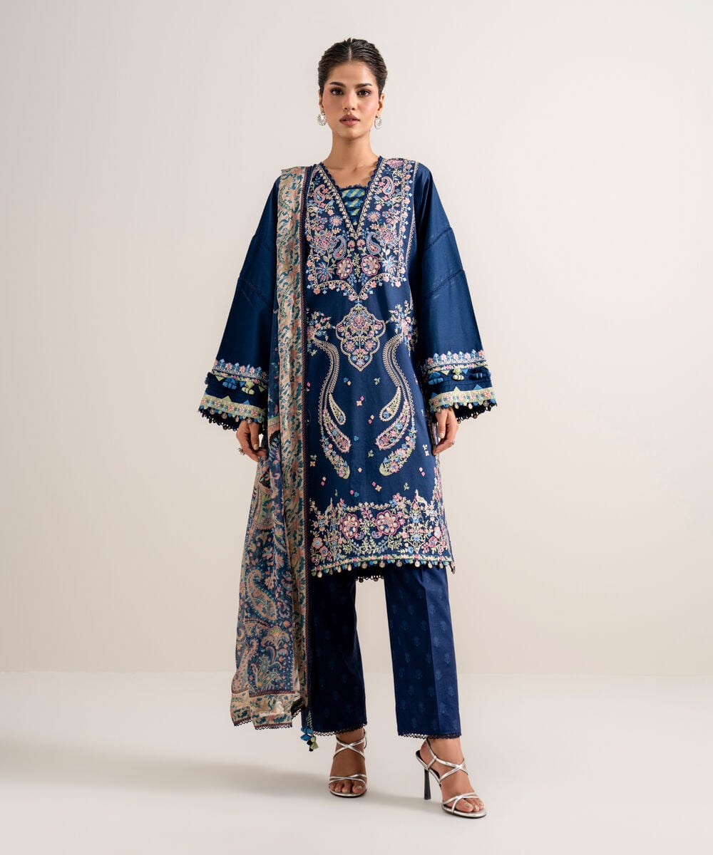 3 Piece - Embroidered Cotton Satin Suit