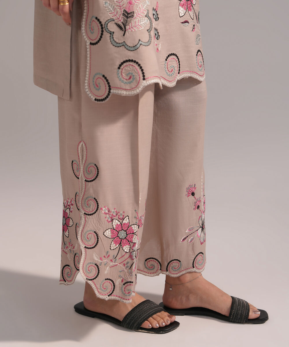 Women's RTW Viscose Raw Silk Embroidered Grey 2 Piece Suit