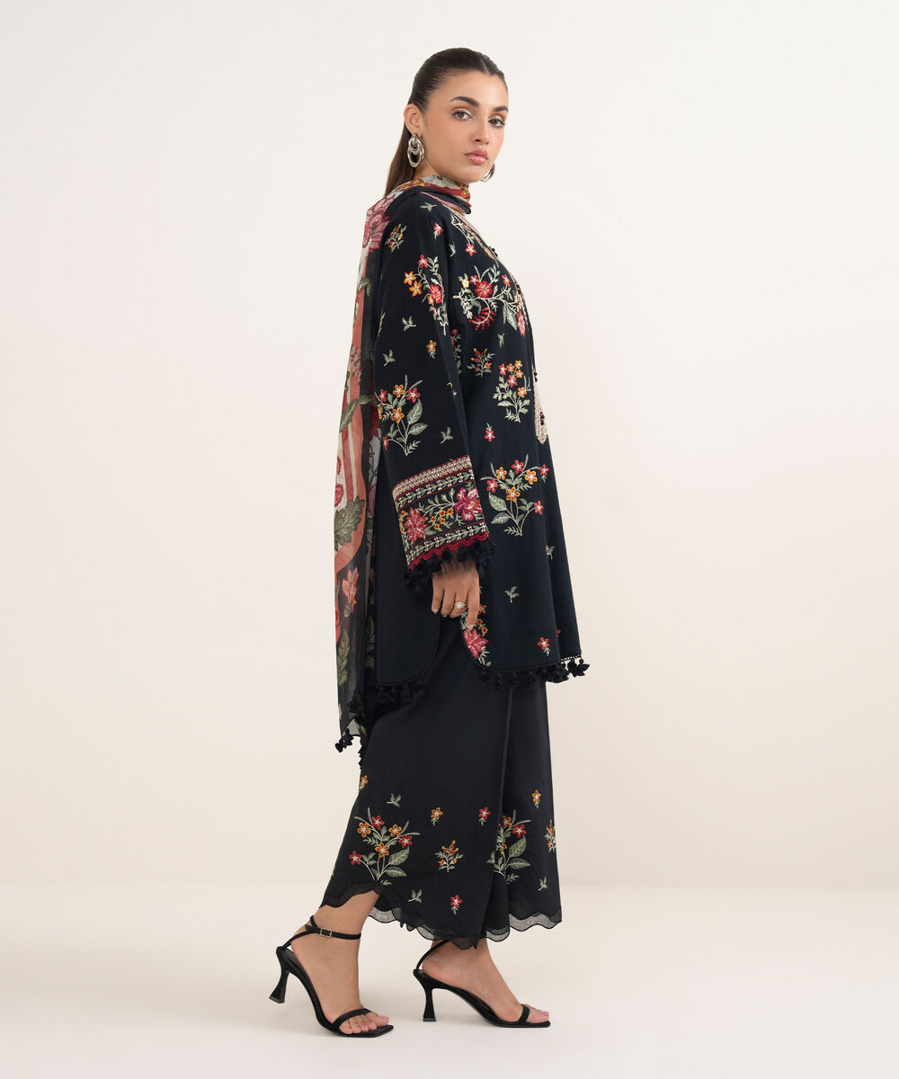 Women's Unstitched Dobby Embroidered Black 3 Piece Suit