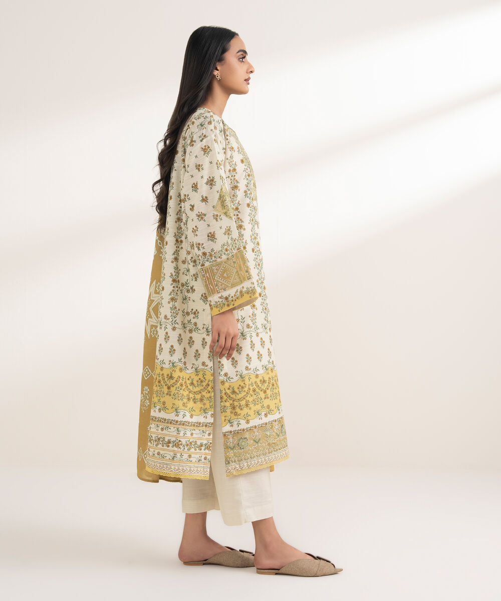 Women's RTW Khaddar Embroidered Off White 3 Piece Suit