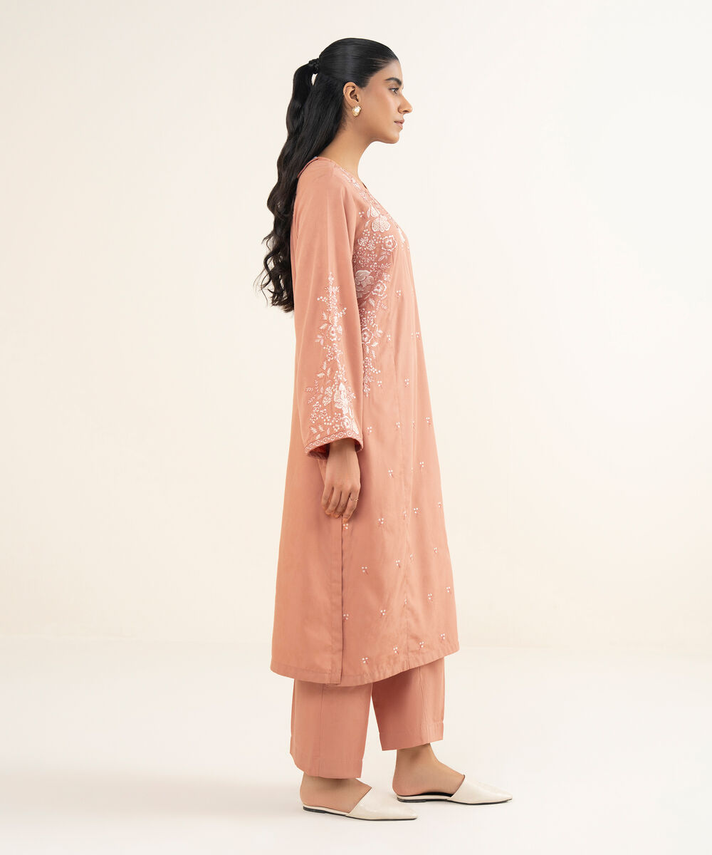 Women's RTW Self Jacquard Leno Embroidered Peach A-Line Shirt