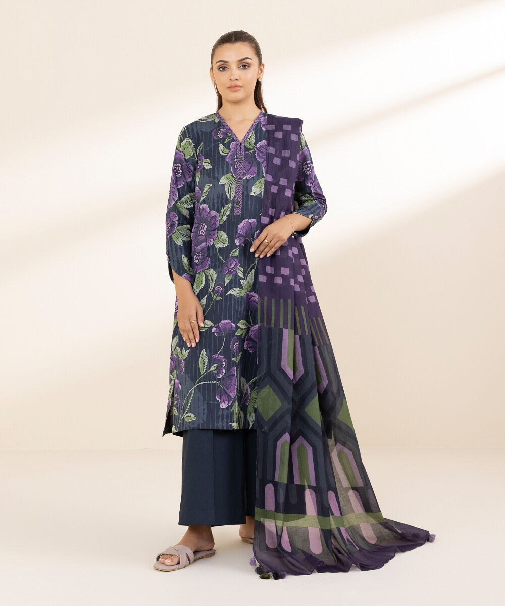 Women's Unstitched Printed Lawn Black & Purple 3 Piece Suit