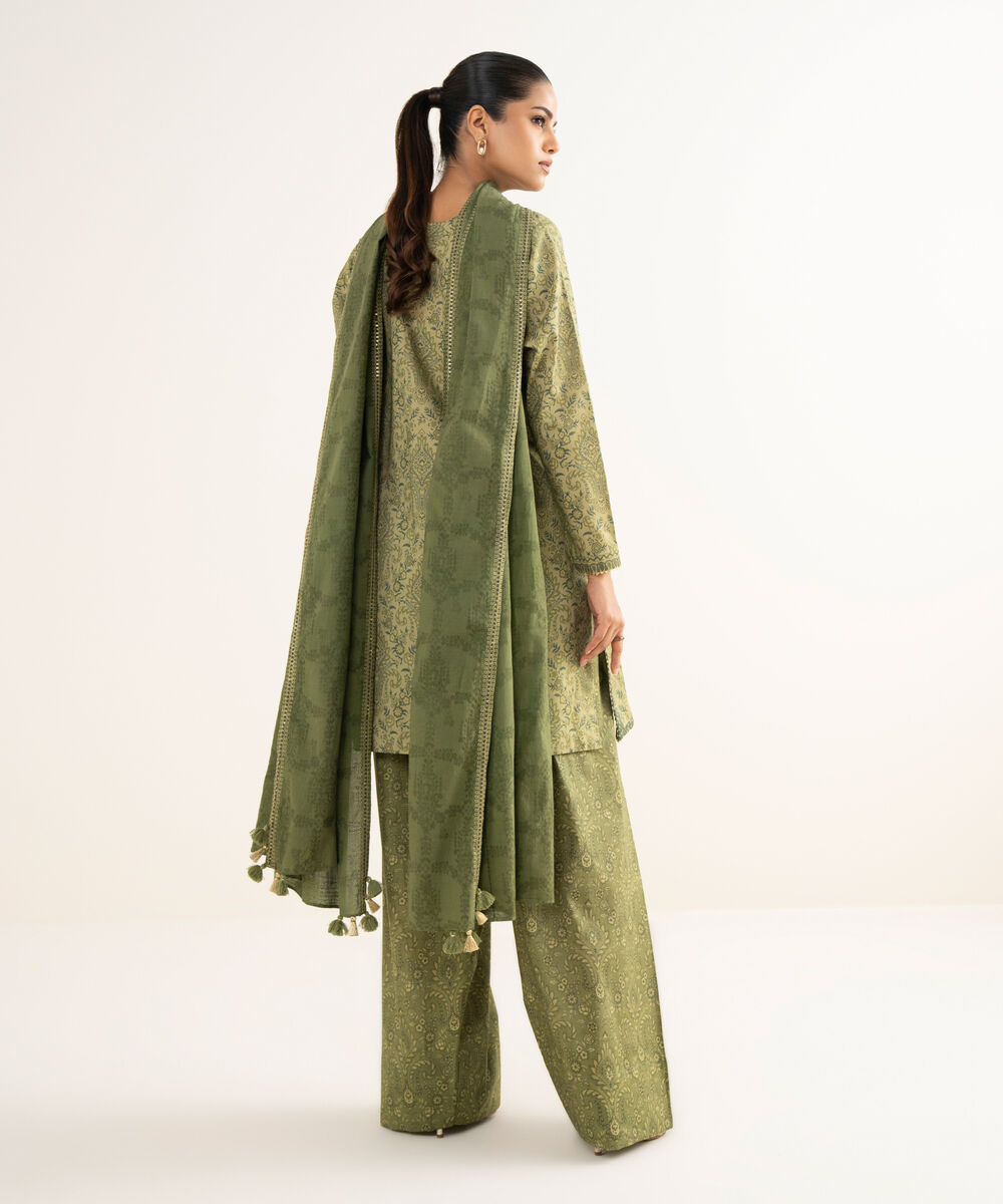 Women's Unstitched Cross Hatch Embroidered Green 3 Piece Suit