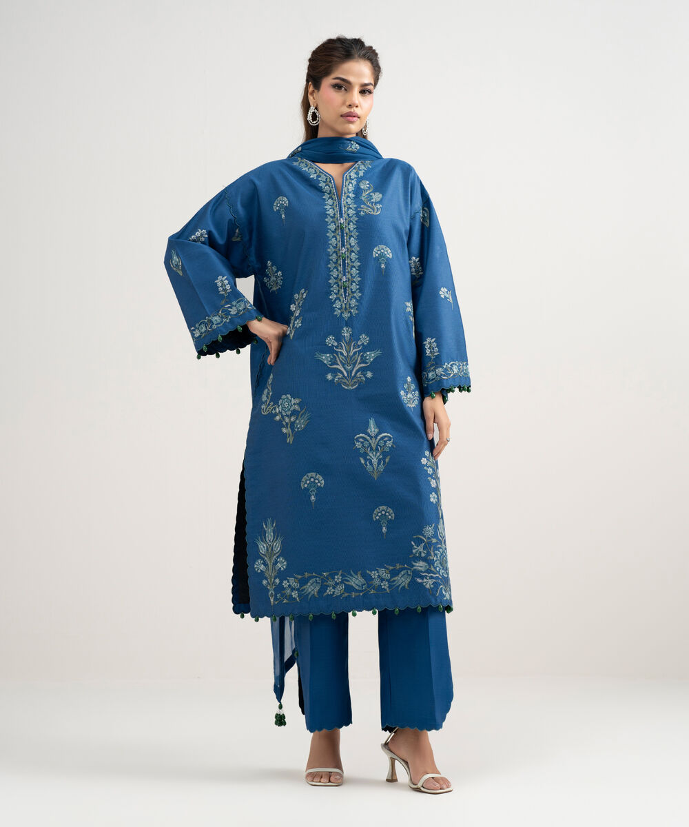 Women's Unstitched Silk Cotton Net Embroidered Blue 3 Piece Suit