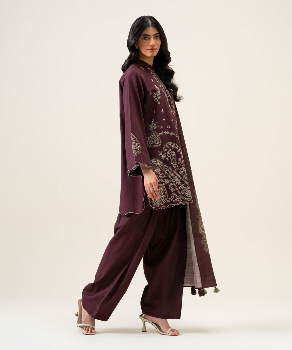 Womens Unstitched Light Khaddar Embroidered Plum 3 Piece Suit
