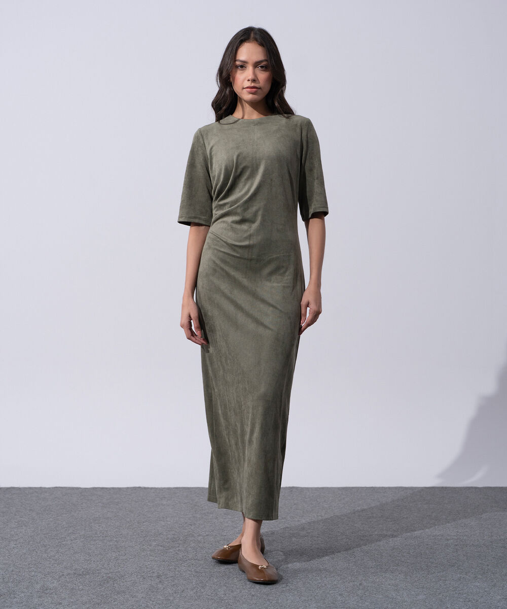Women's Western Wear Green Polyester Pleated Faux Suede Long Dress