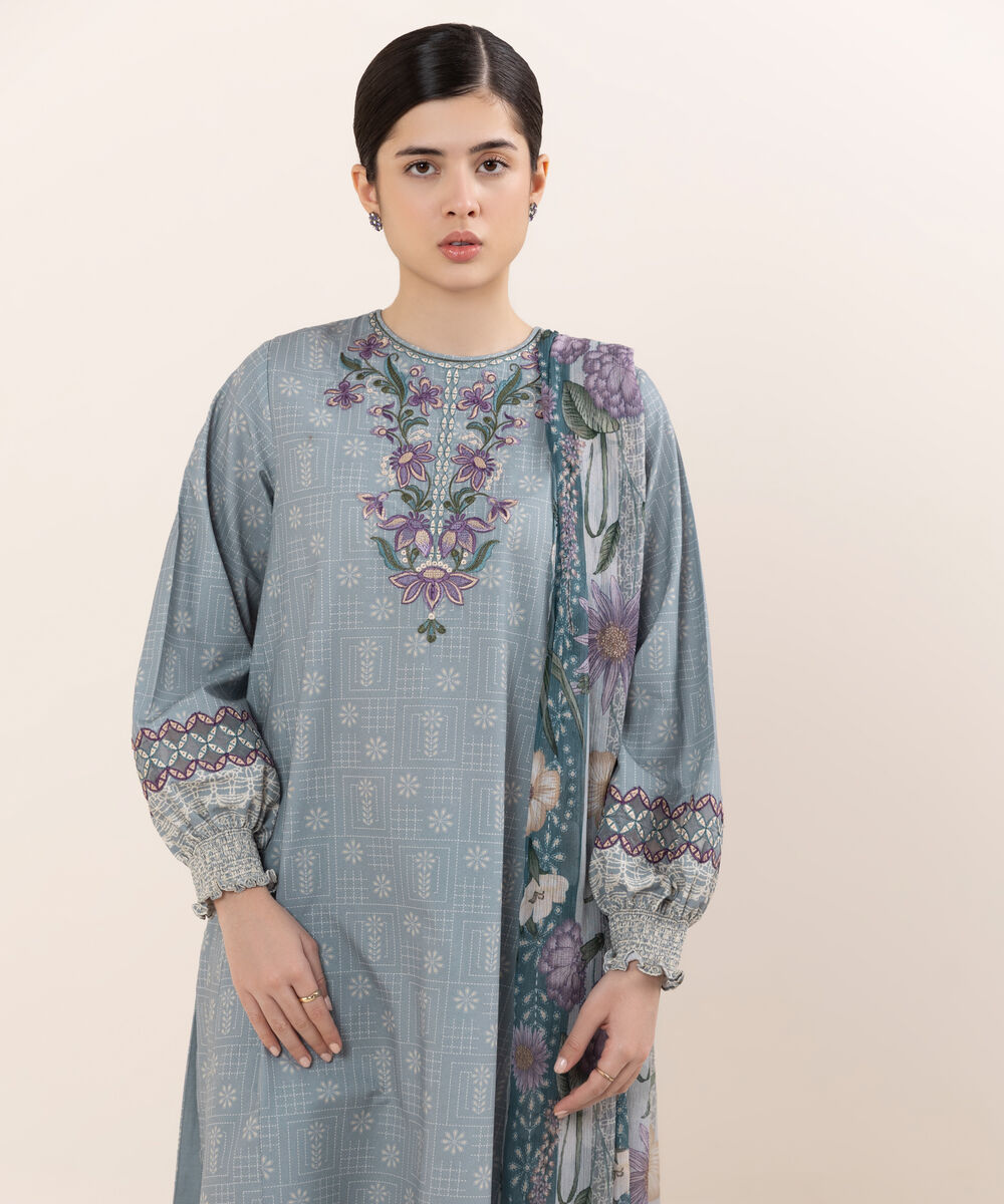 Women's Unstitched Cotton Embroidered Multi Three Piece Suit