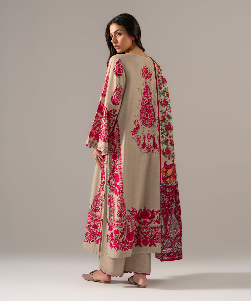 Women's RTW Khaddar Printed Beige 3 Piece Suit