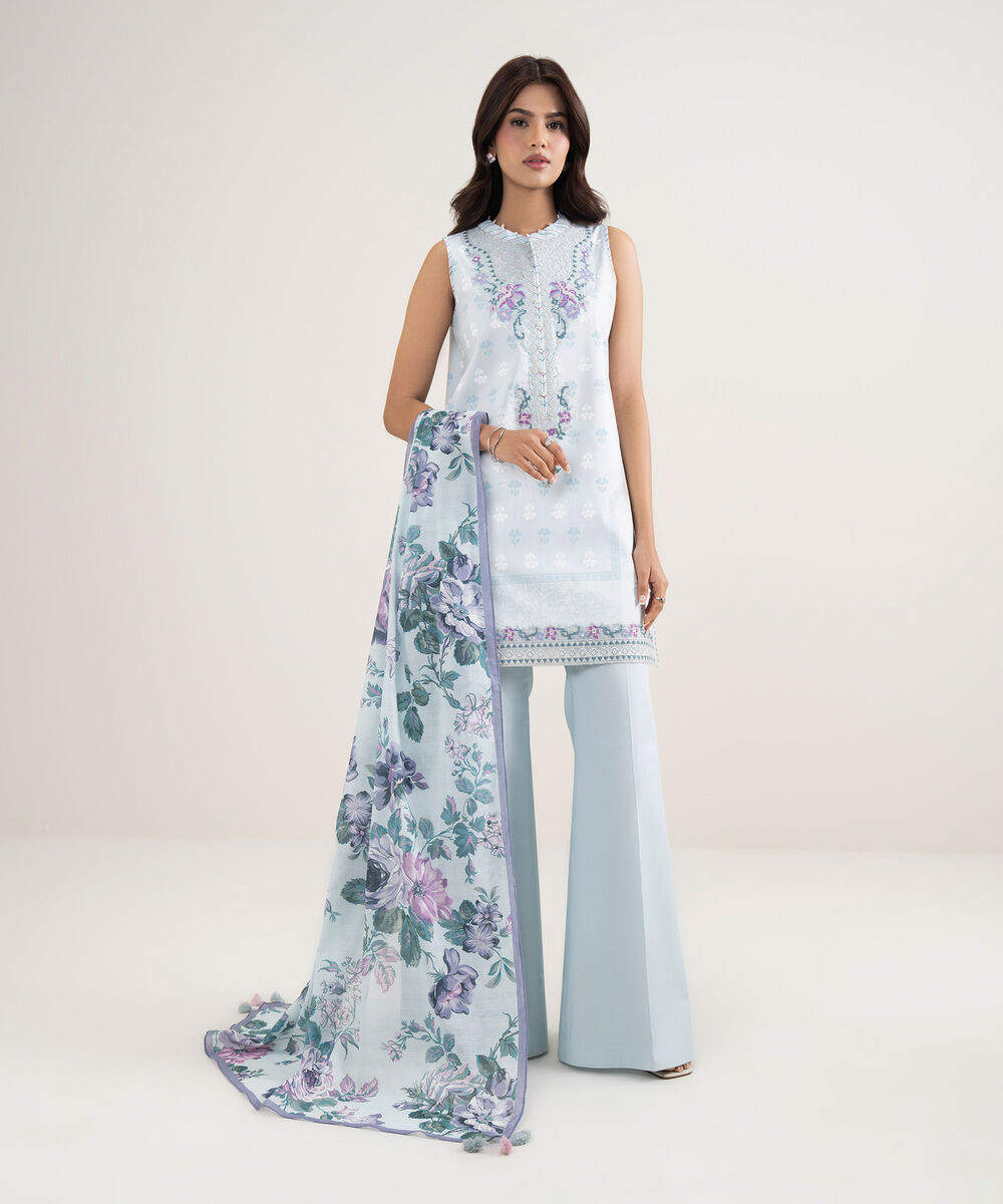 Women's Unstitched Lawn Blue Embroidered 3 Piece Suit