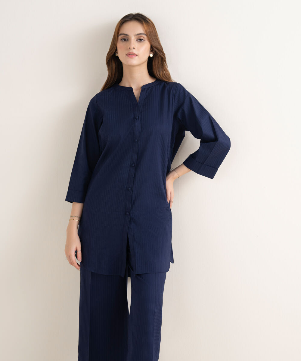 Women's RTW Handwoven Dobby Solid Button Down Blue Shirt