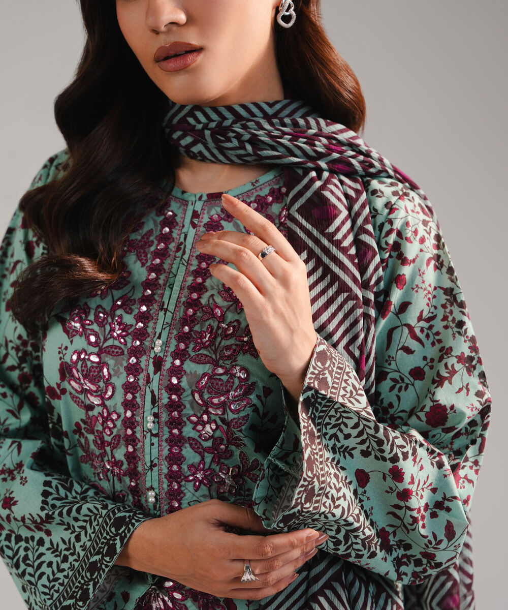 Women's RTW Cambric Embroidered Blue 3 Piece Suit