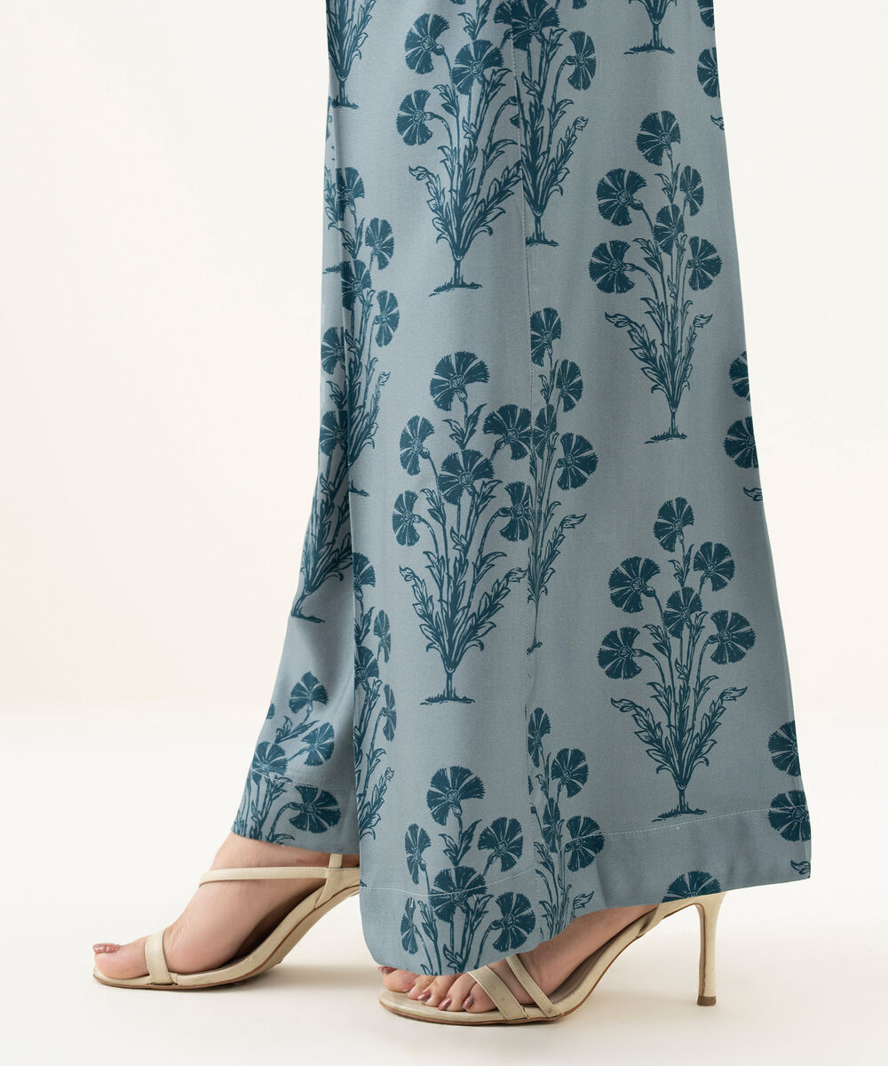 Women's RTW Linen Blue Printed Flared Pants