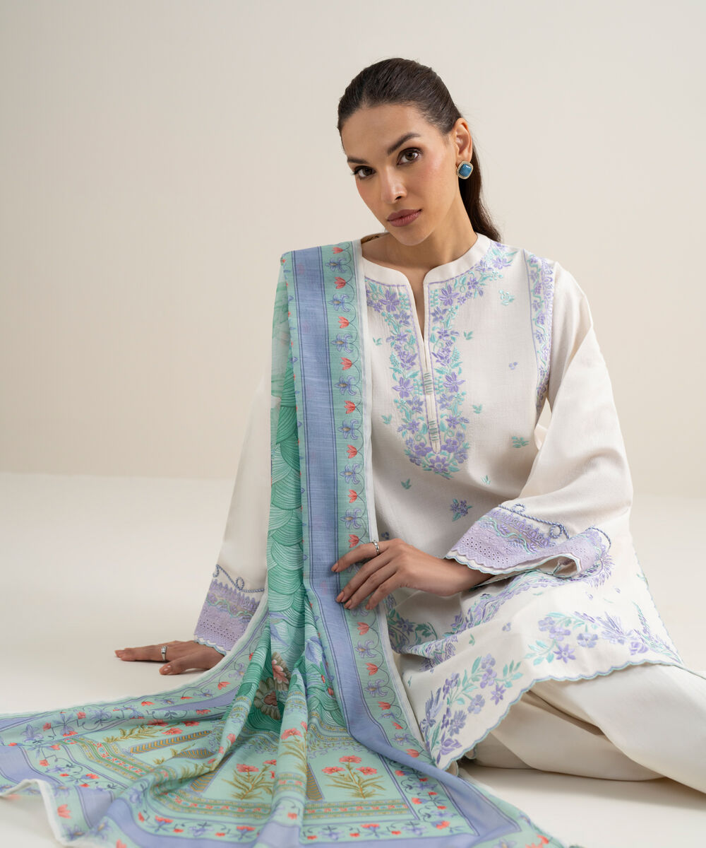 Women's Unstitched Dobby Embroidered Off White 3 Piece Suit