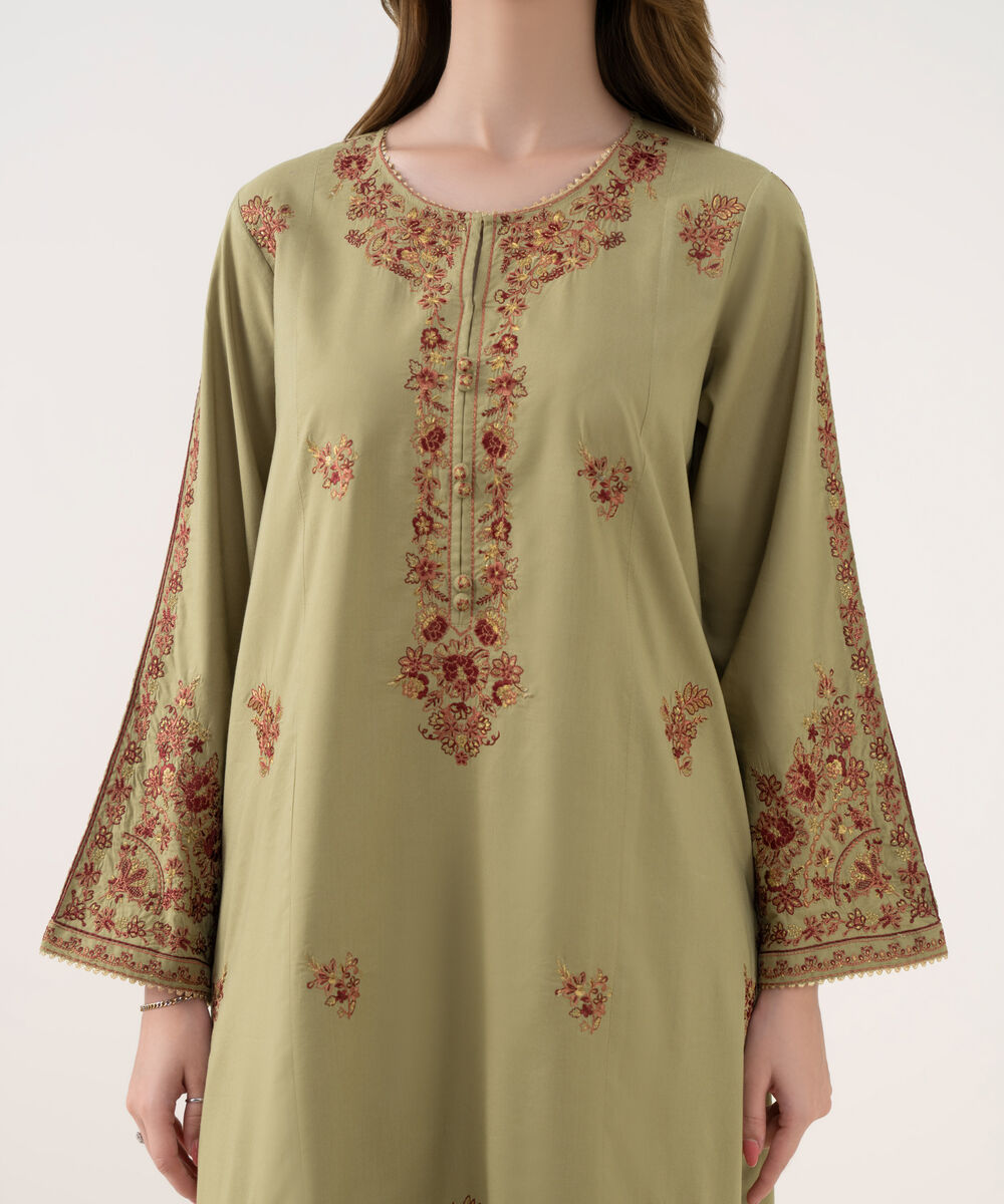 Women's RTW Cotton Viscose Embroidered Green A-Line Shirt