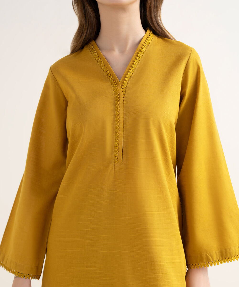Women's RTW Textured Cotton Solid Straight Yellow Shirt