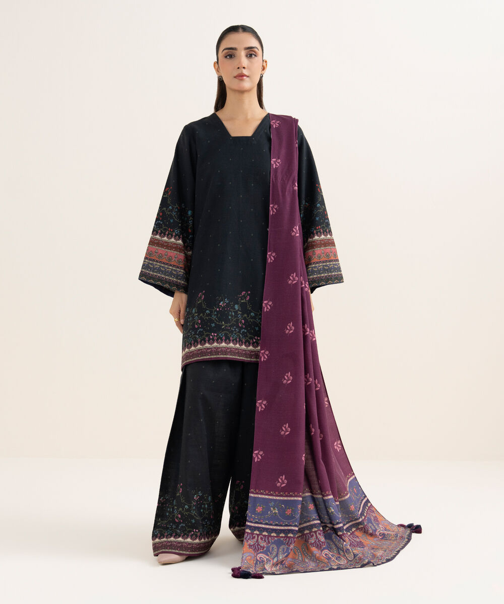 Women's Unstitched Printed Light Khaddar Black 3 Piece Suit