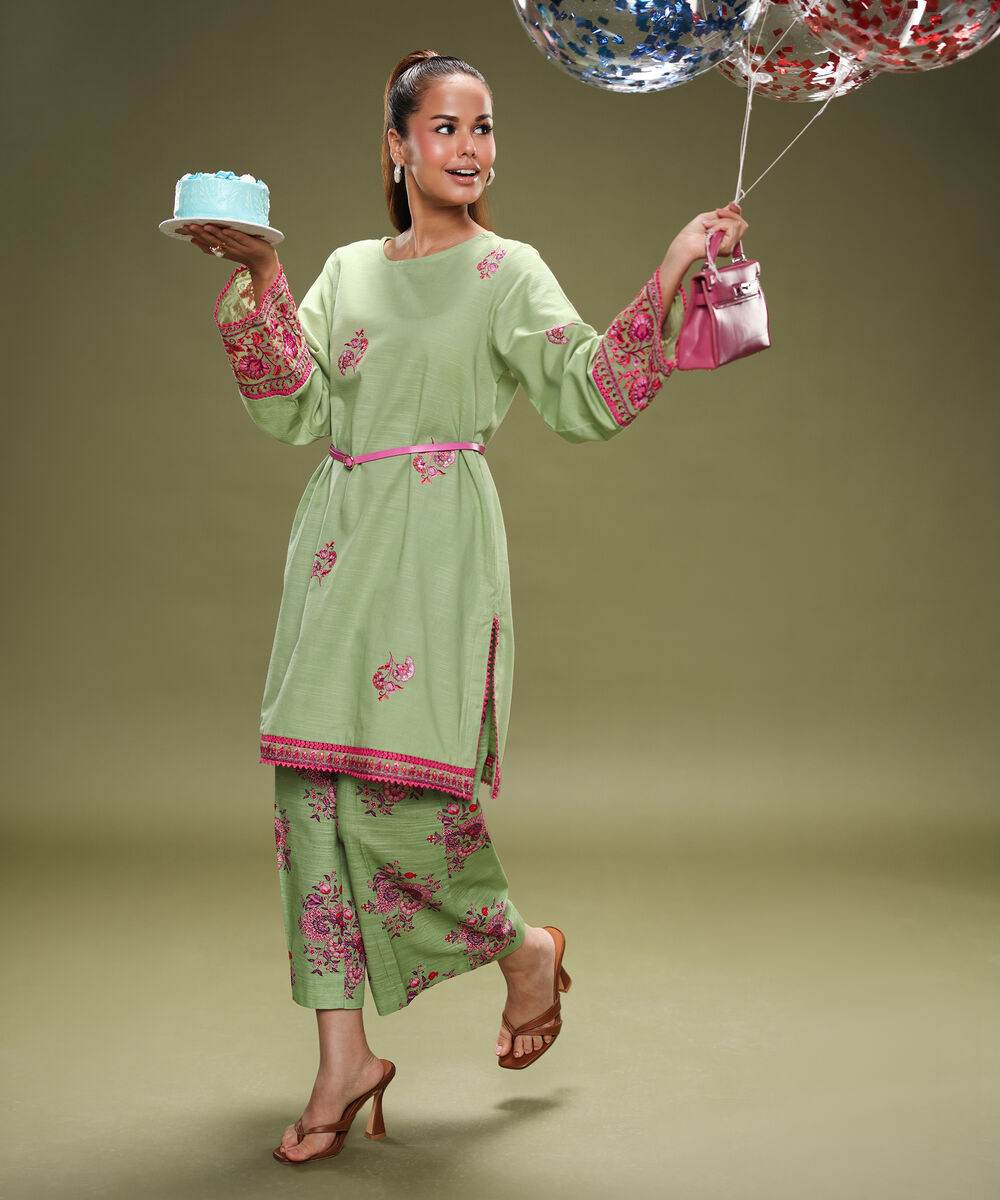 Women's RTW Cambric Green Embroidered Straight Shirt